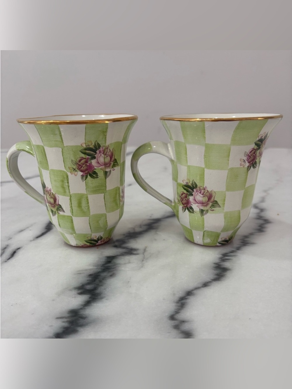 MacKenzie-Childs Honeymoon Checkered Mugs Sweet Pea